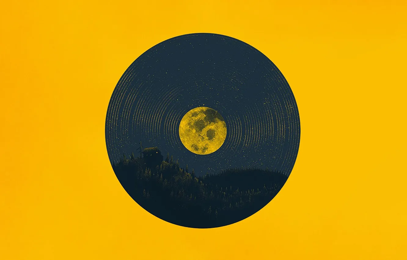 Фото обои горы, луна, минимализм, moon, minimalism, mountains, yellow background, жёлтый фон