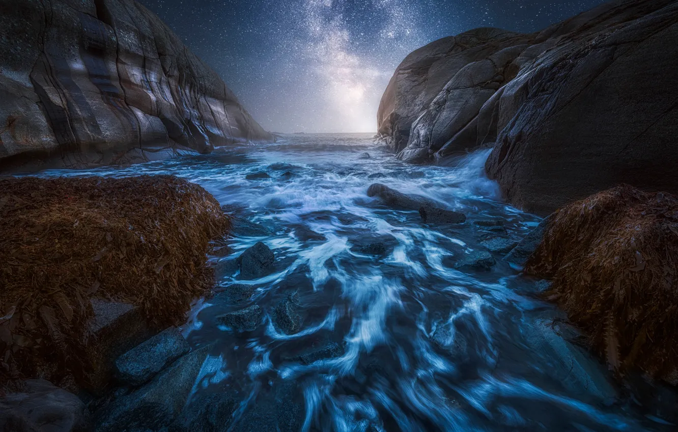 Фото обои море, ночь, камни, скалы, Норвегия, млечный путь, фьорд, звёздное небо