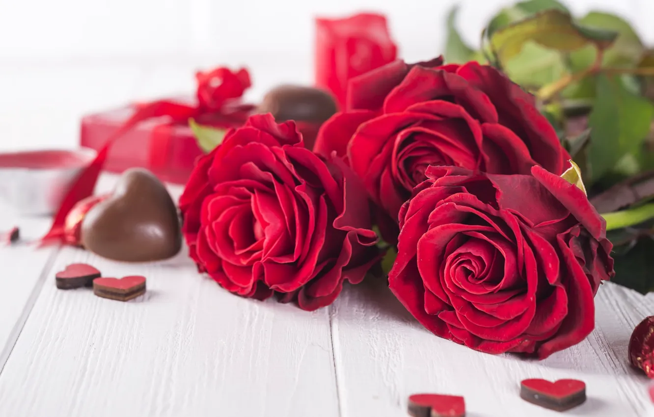 Фото обои подарок, розы, букет, сердечки, красные, red, love, flowers