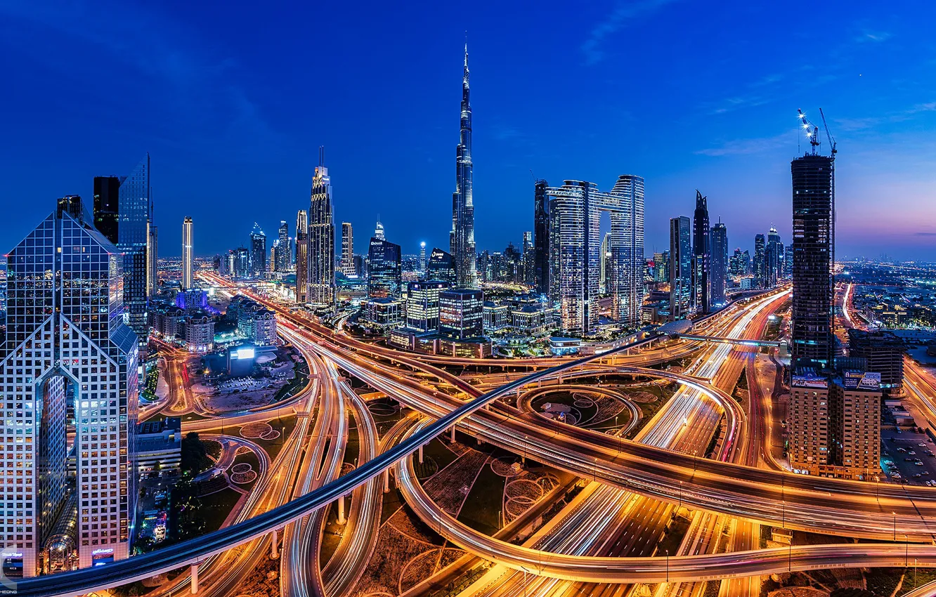 Фото обои здания, дороги, дома, Дубай, ночной город, Dubai, небоскрёбы, ОАЭ