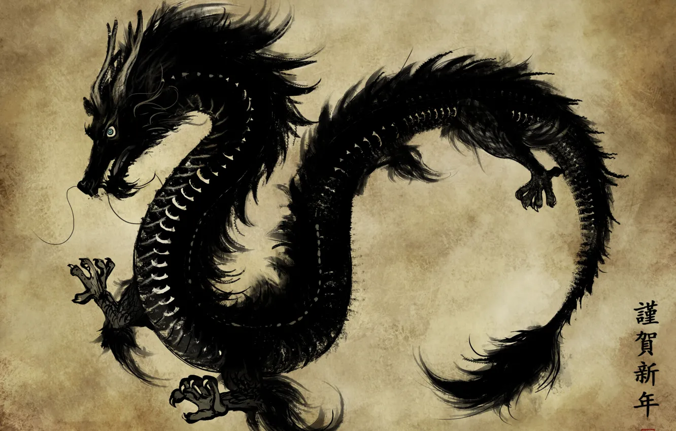 Фото обои бумага, черный, дракон, азия, рисунок, арт, иероглифы, пергамент