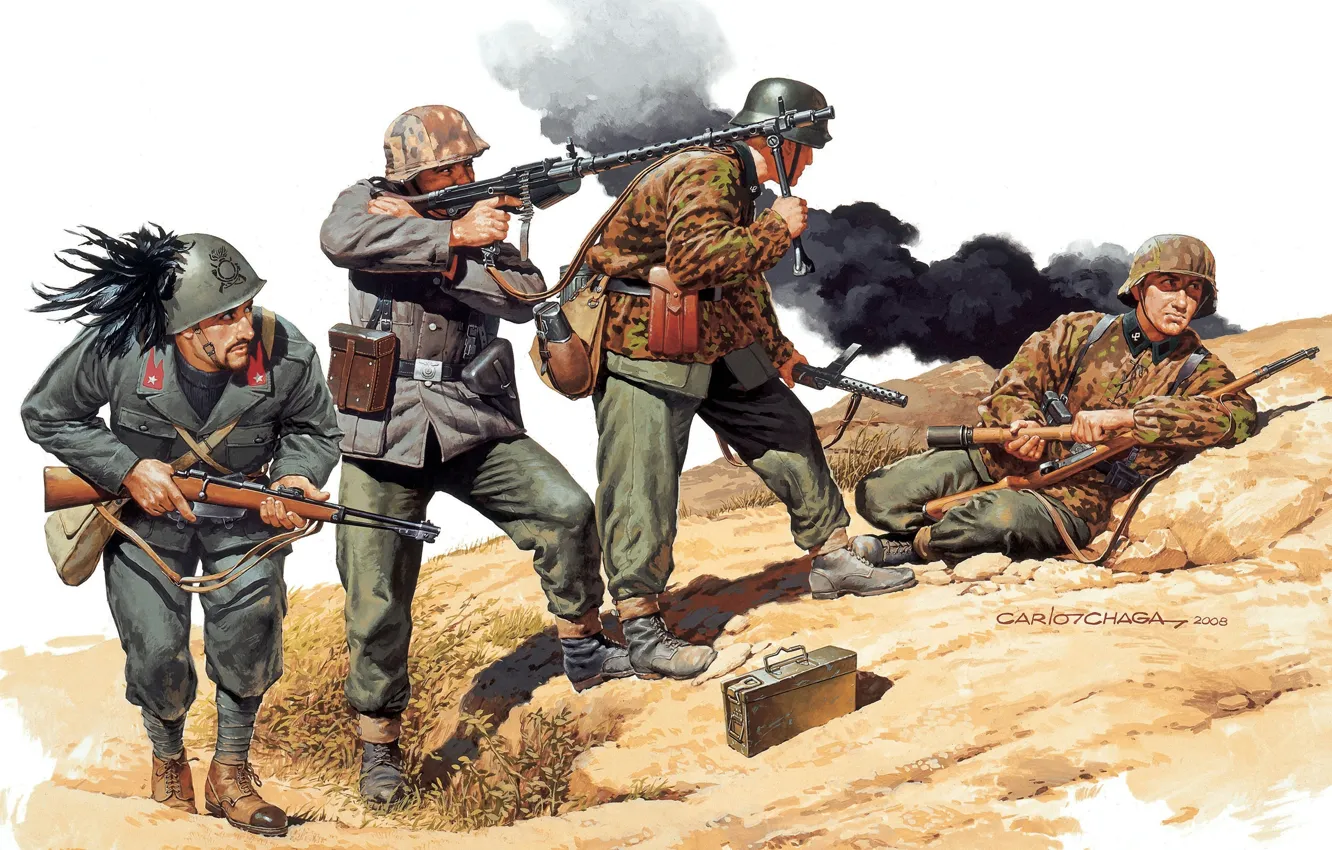 Фото обои оружие, рисунок, арт, солдаты, камуфляж, винтовка, пулемёт, амуниция