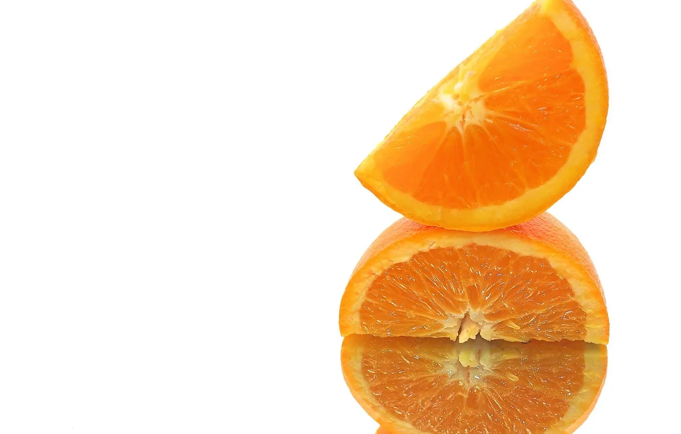 Фото обои оранжевый, отражение, апельсин, цитрус, дольки