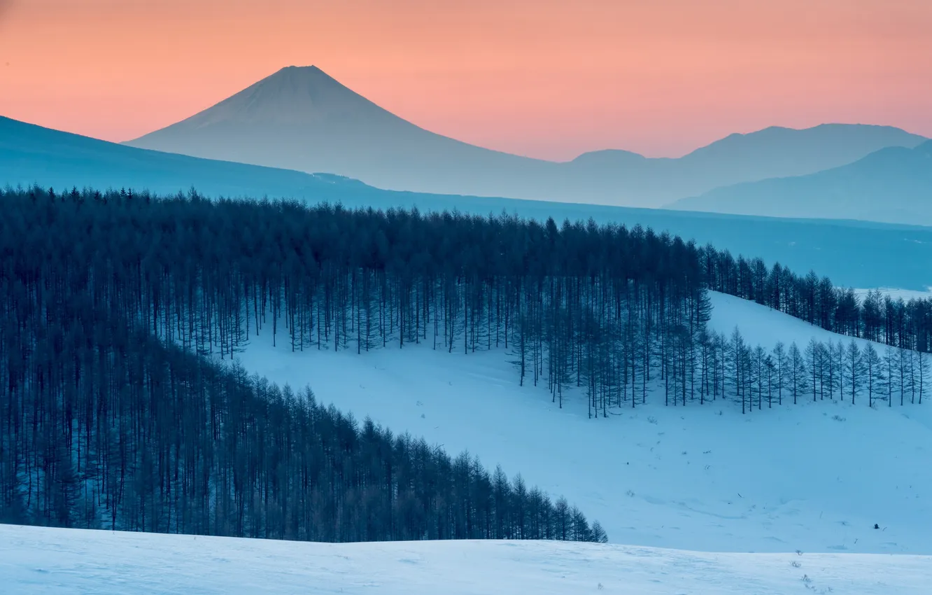 Фото обои зима, пейзаж, закат, горы