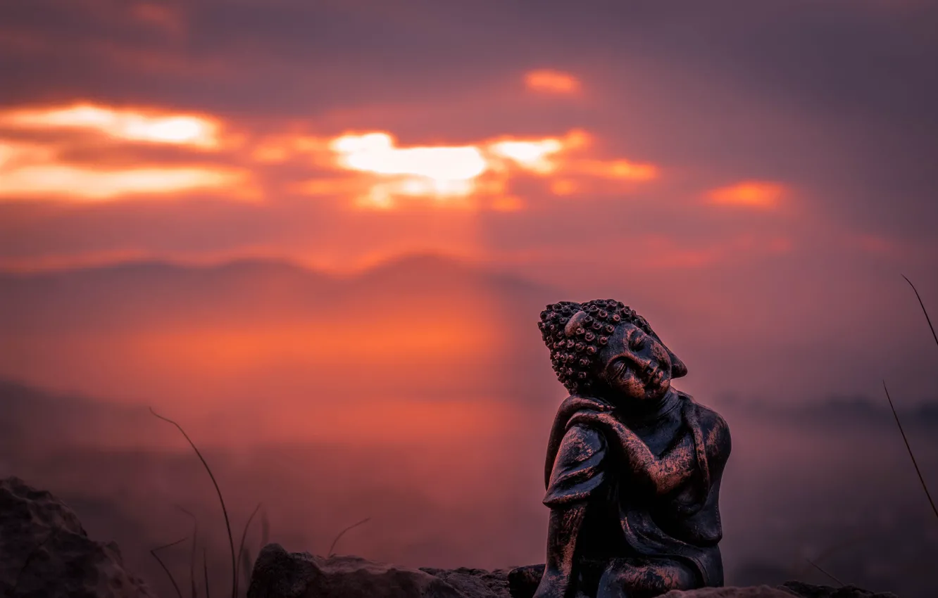 Фото обои небо, макро, закат, статуэтка, Будда, фигурка