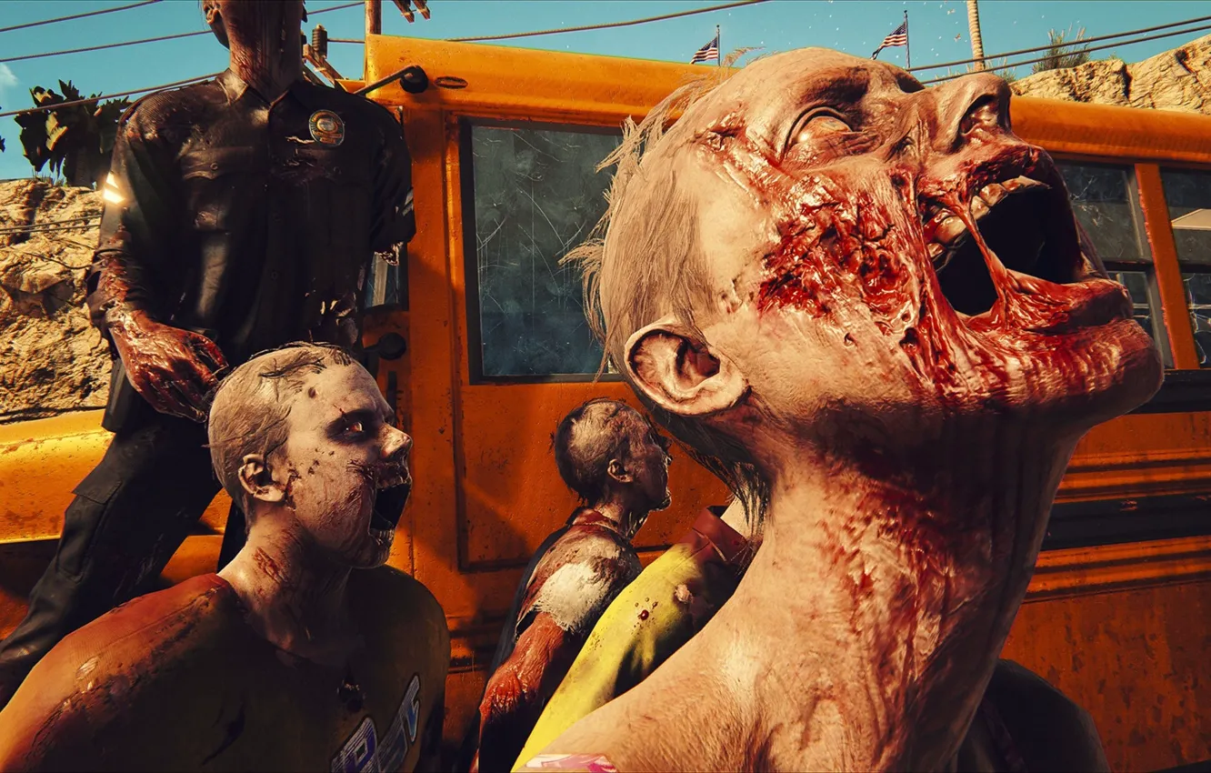 Фото обои city, zombie, blood, game, shield, cop, school bus, Dead Islad