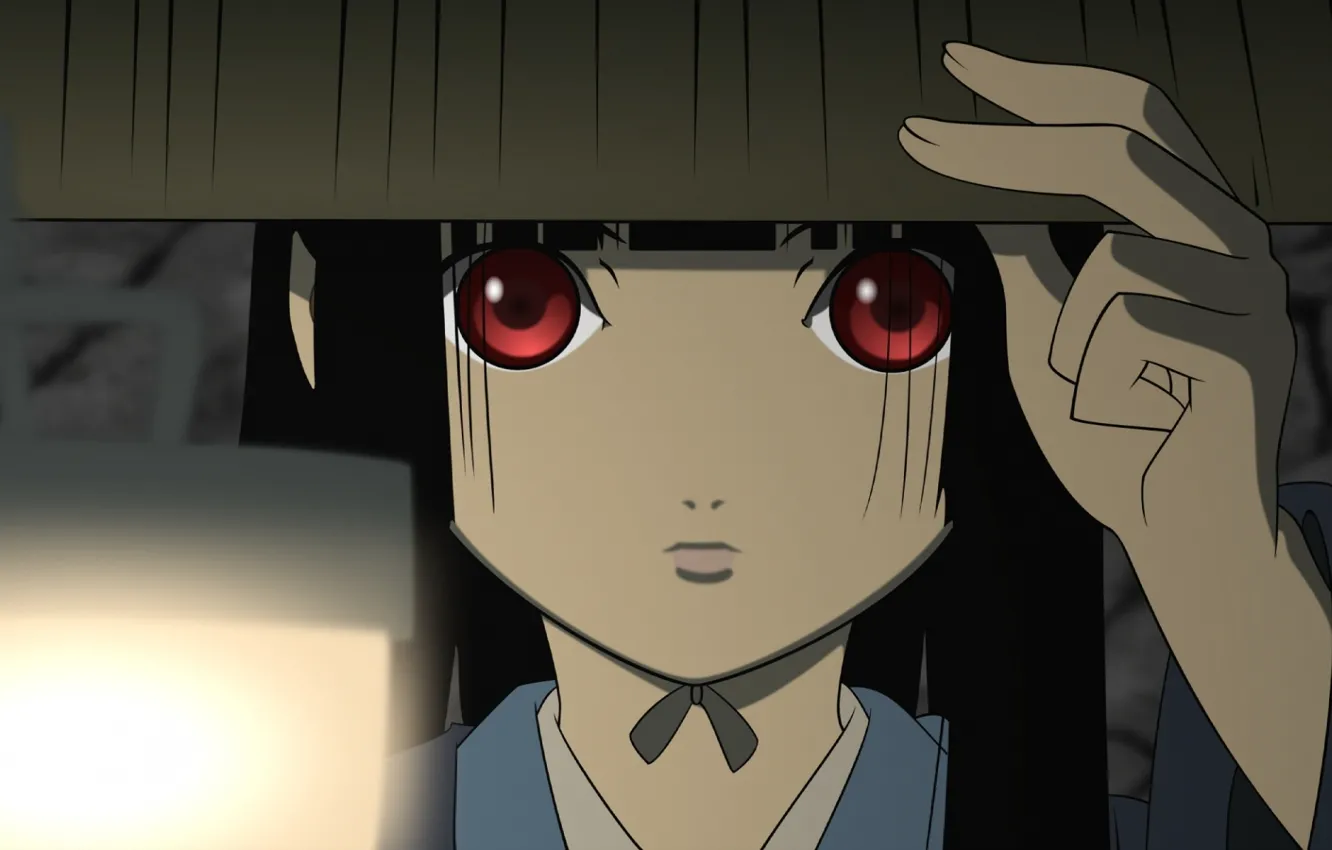 Фото обои лицо, рука, шляпа, фонарь, красные глаза, Enma Ai, Jigoku Shoujo, Hell girl