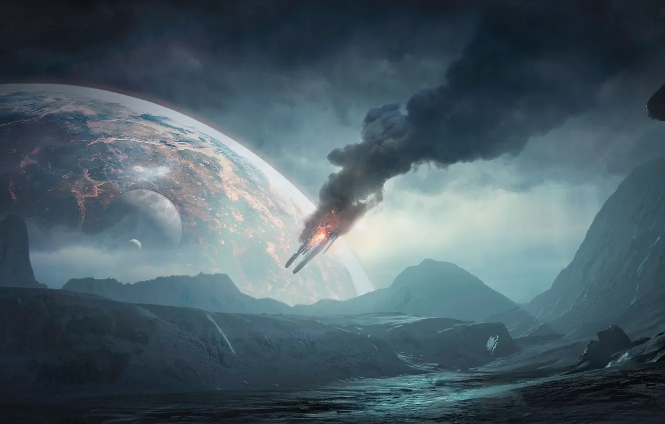 Фото обои Горы, Дым, Планета, Космос, Земля, BioWare, Mass Effect, Electronic Arts