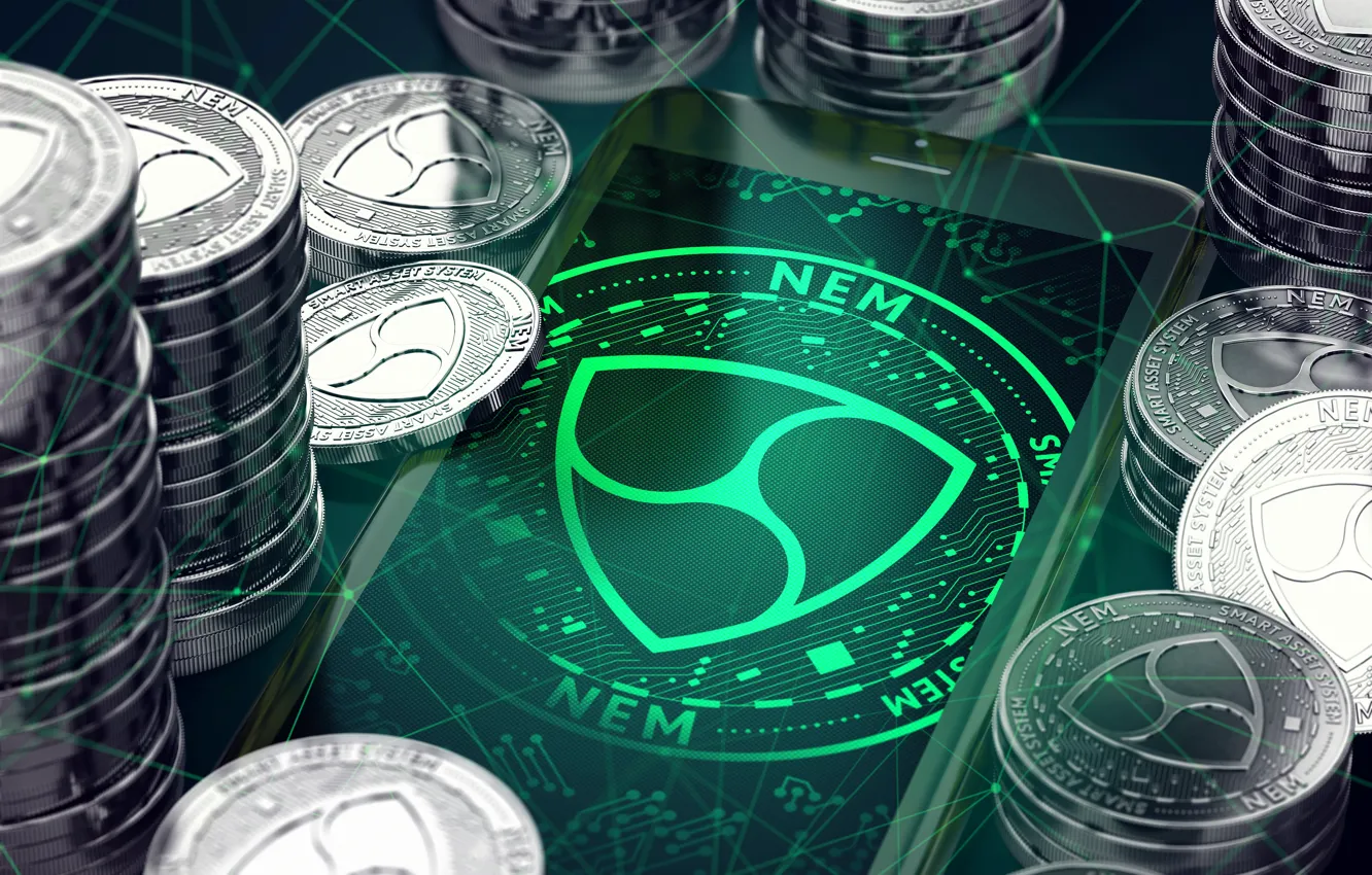 Фото обои green, зелёный, logo, монеты, coins, xem, nem, нэм