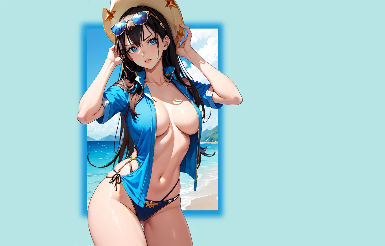 Фото обои girl, hot, sexy, beach, ocean, hat, boobs, anime