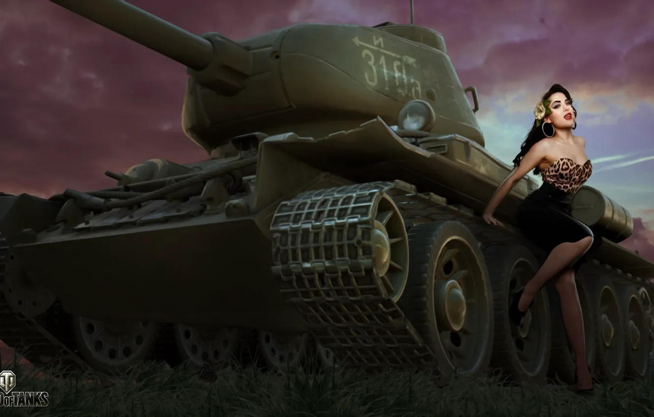 Фото обои девушка, рисунок, арт, танк, Т-34, советский, средний, World of Tanks