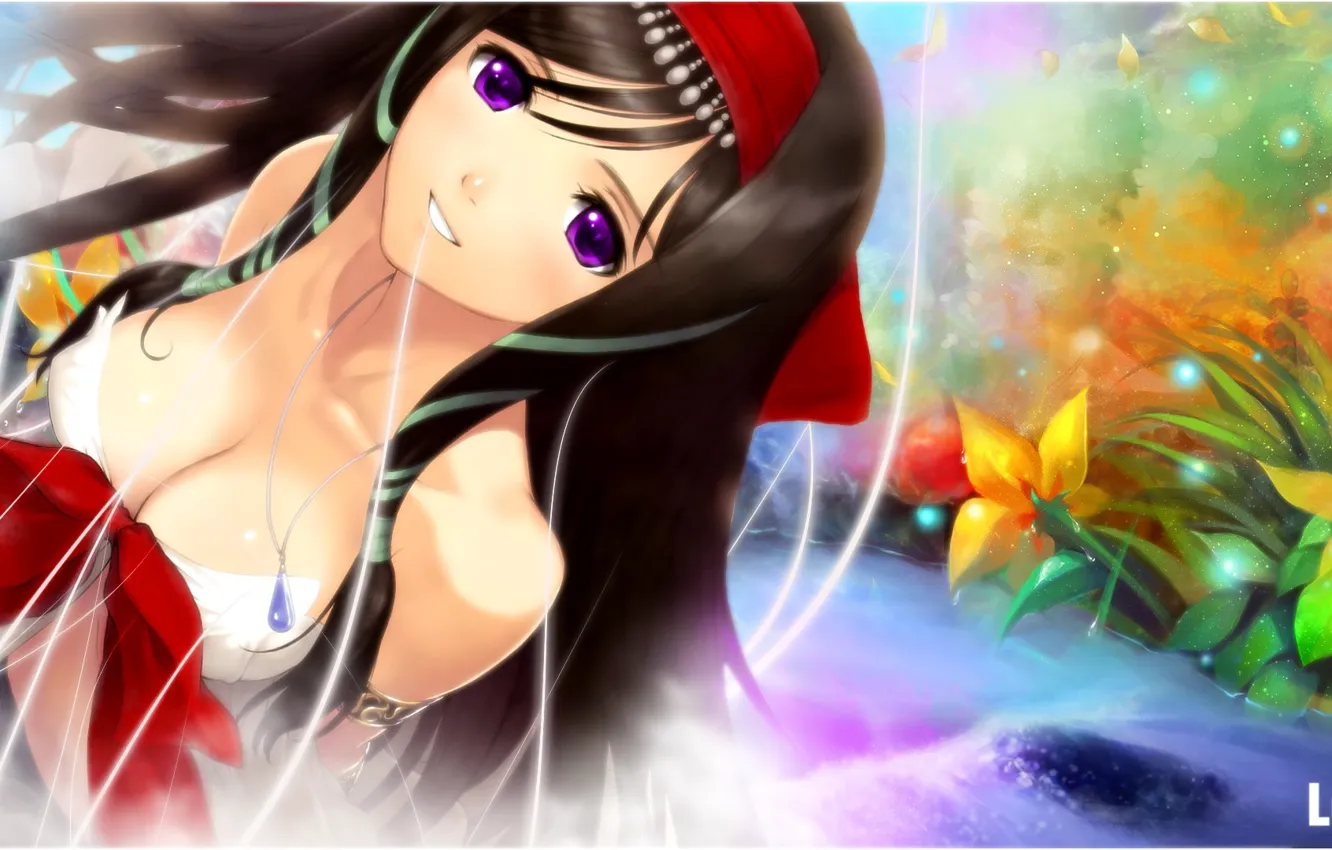 Фото обои цветы, кулон, бант, жрица, длинные волосы, art, Tony Taka, shining hearts