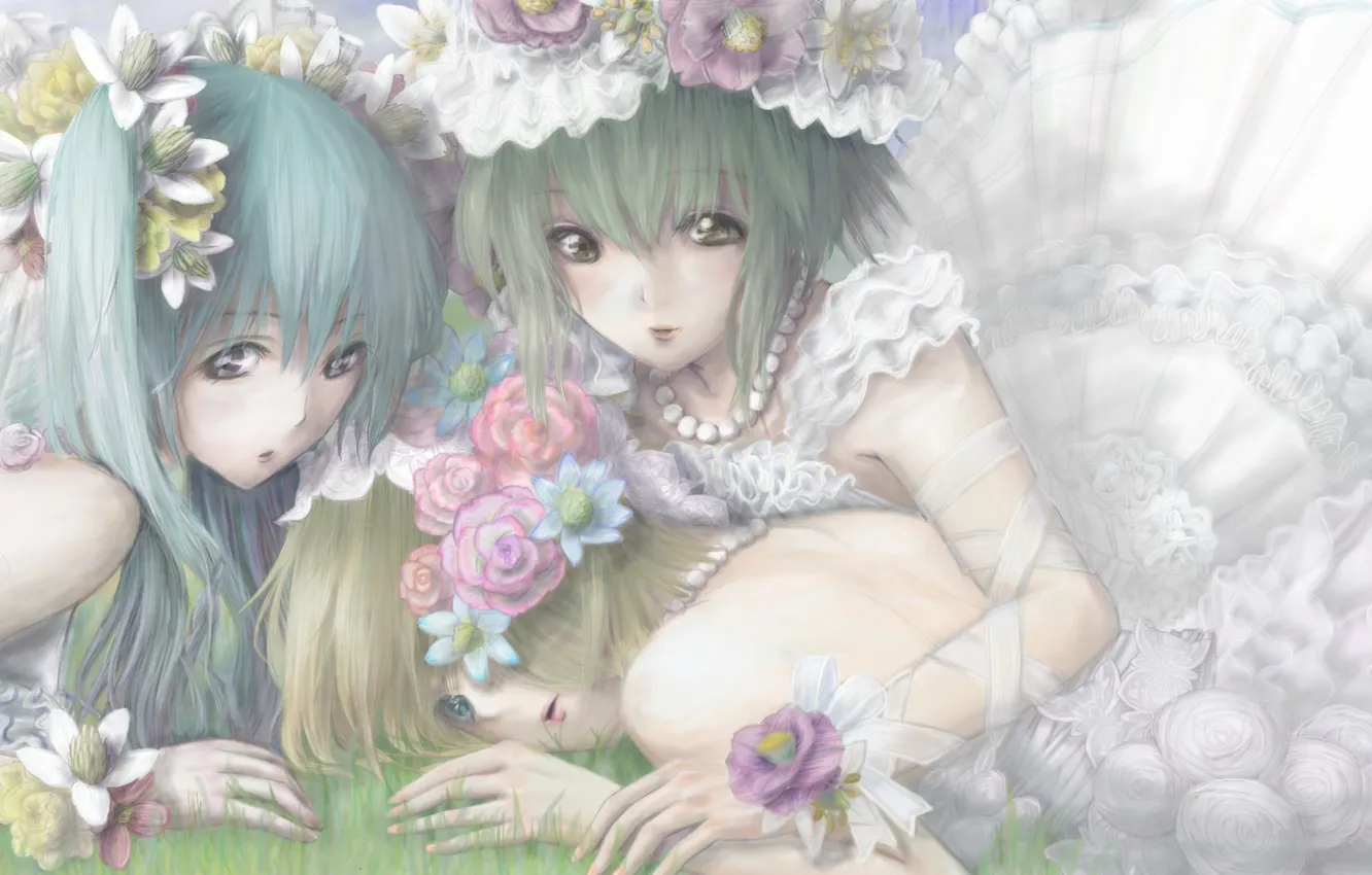Фото обои трава, цветы, девушки, лежит, vocaloid, kagamine rin, art, свадебное платье