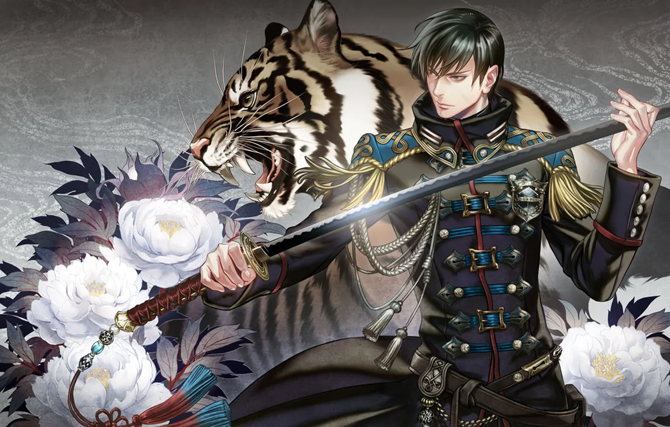 Фото обои цветы, тигр, меч, катана, форма, Мужчина