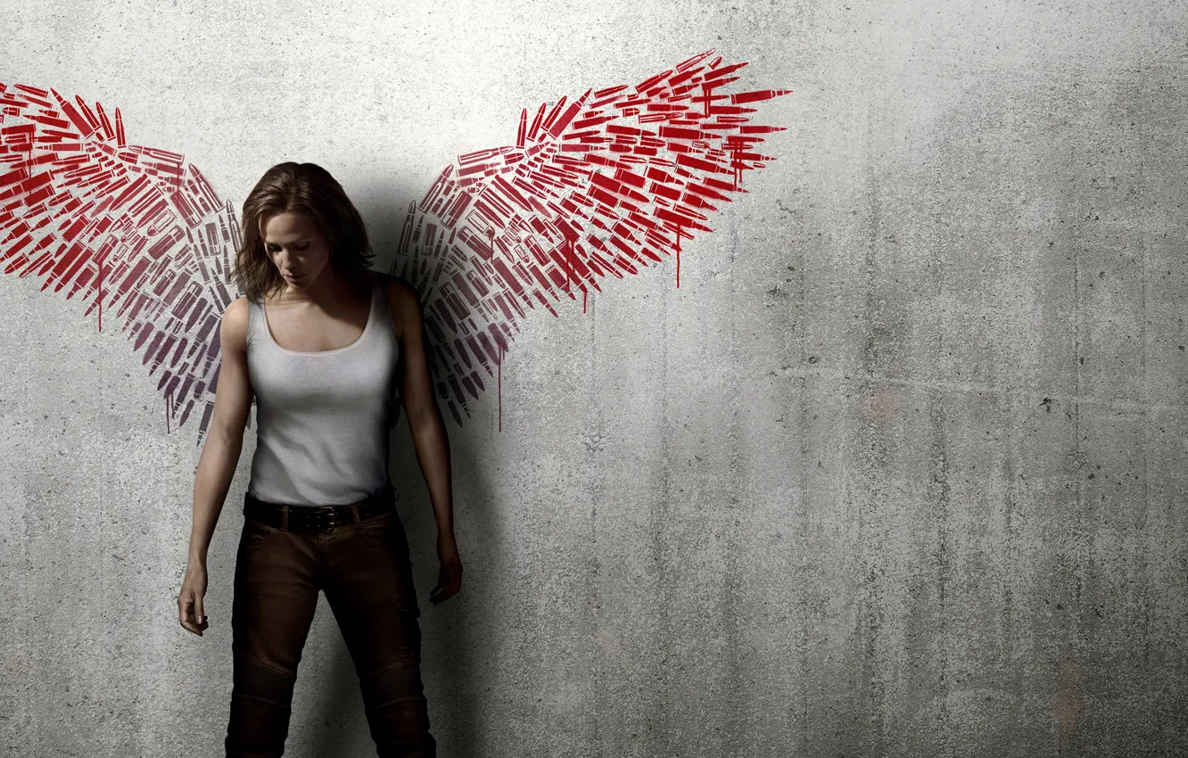 Фото обои девушка, фон, стена, рисунок, крылья, джинсы, майка, красные