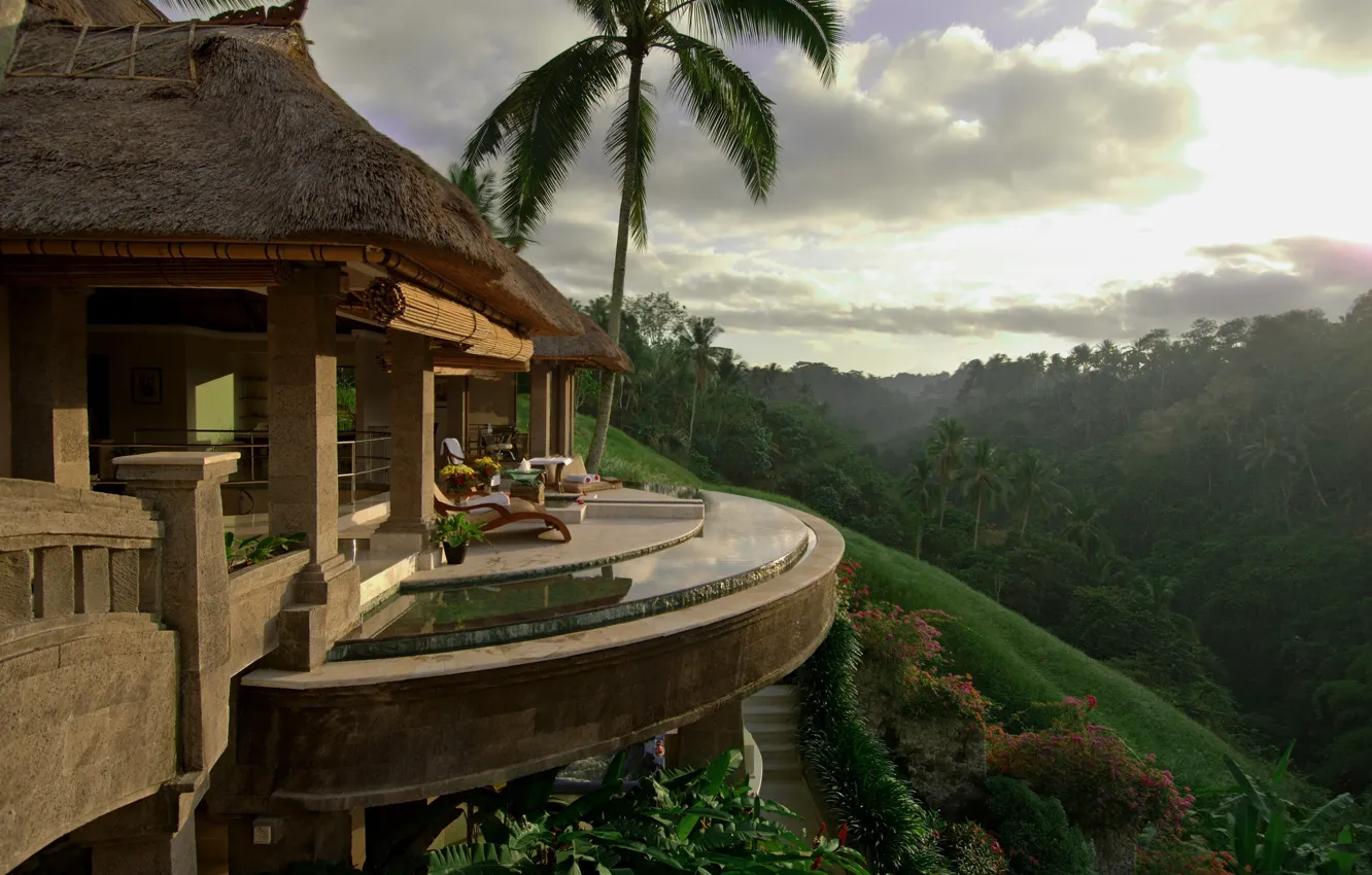 Фото обои пейзаж, природа, дом, пальмы, House, Deck, Palm Trees, Tropical