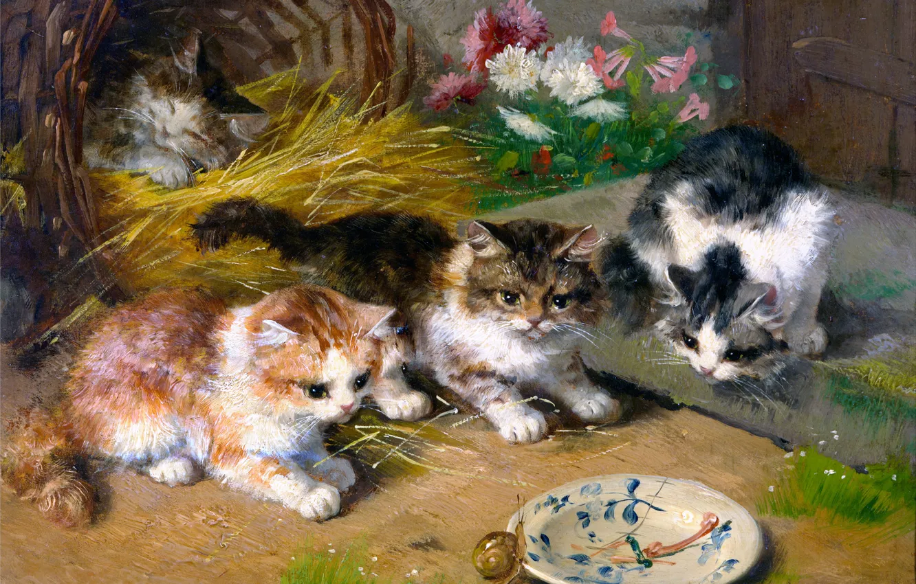 Фото обои Кошки, Котята, Картина, Четверо, Генриетта Роннер-Книп, Henriette Ronner-Knip, Бельгийская художница, Котята с улиткой