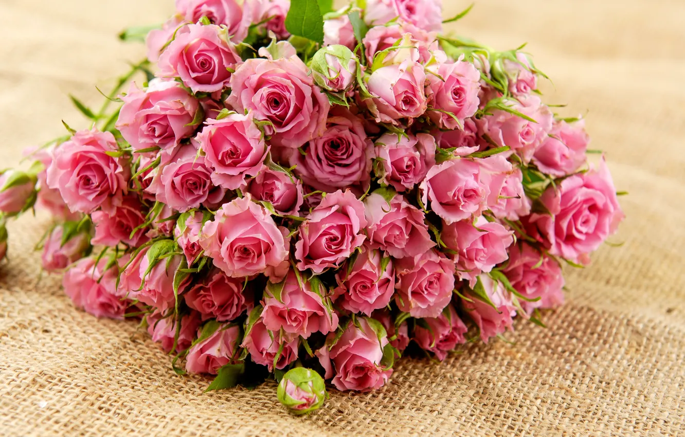 Фото обои листья, цветы, розы, букет, лепестки, розовые, бутоны