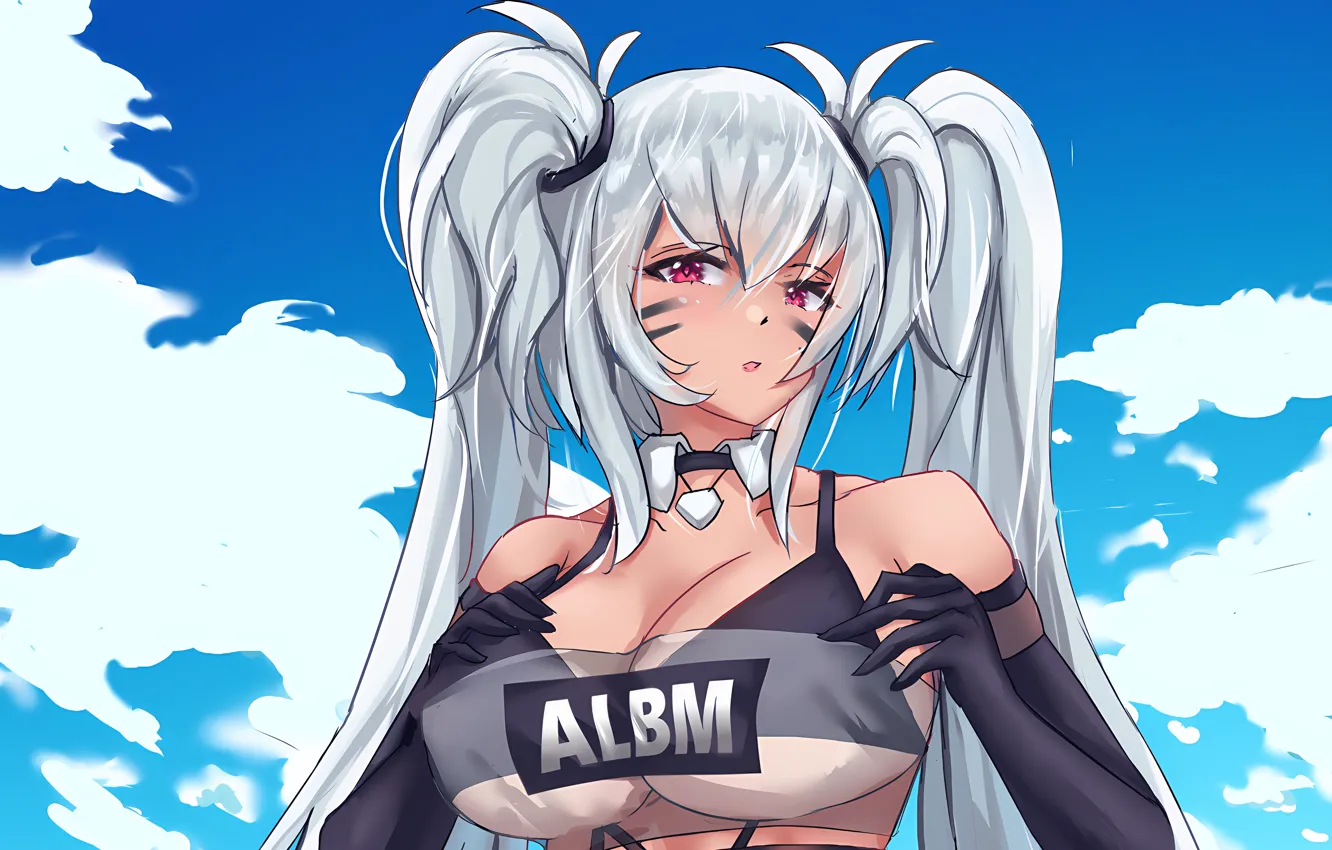 Фото обои girl, sexy, cleavage, blouse, sky, long hair, boobs, anime