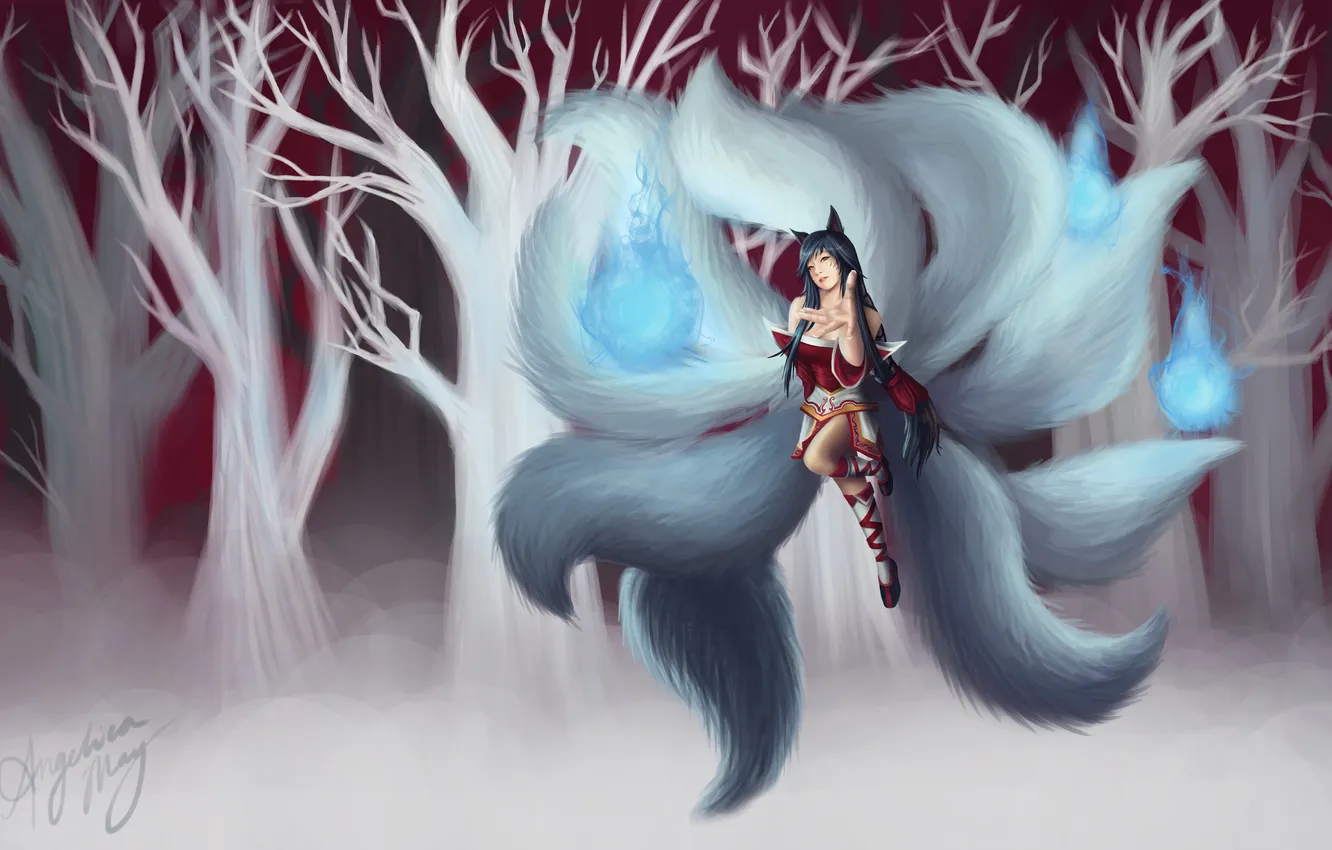 Фото обои лес, взгляд, девушка, магия, жест, art, league of legends, Ahri