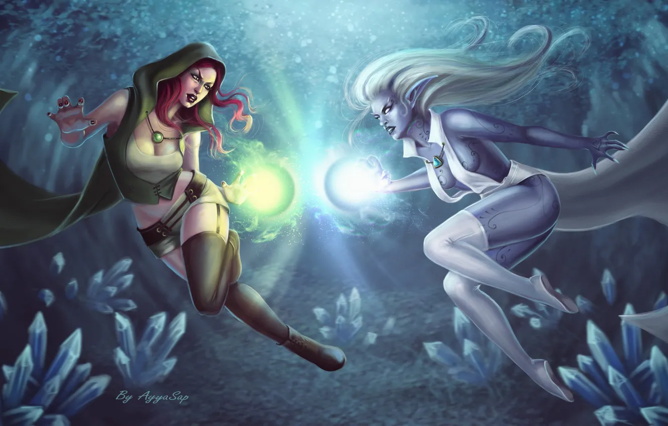 Фото обои магия, Девушки, кристаллы, схватка