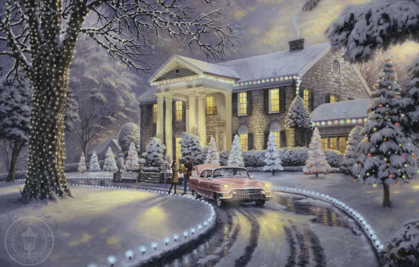 Фото обои иней, car, машина, снег, lights, огни, дом, ретро