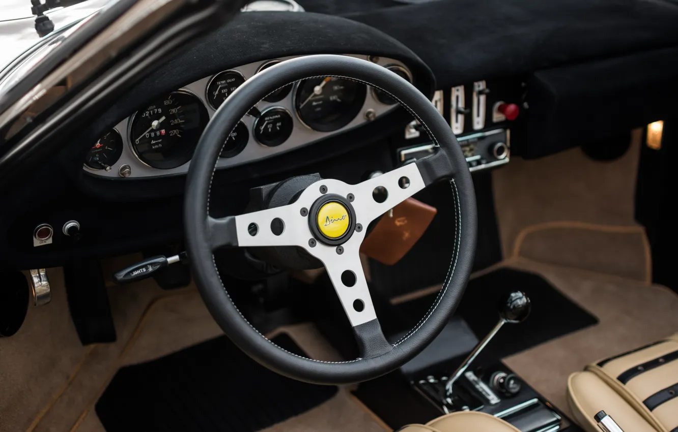 Фото обои Ferrari, 1973, Dino, steering wheel, dashboard, Ferrari Dino 246 GTS