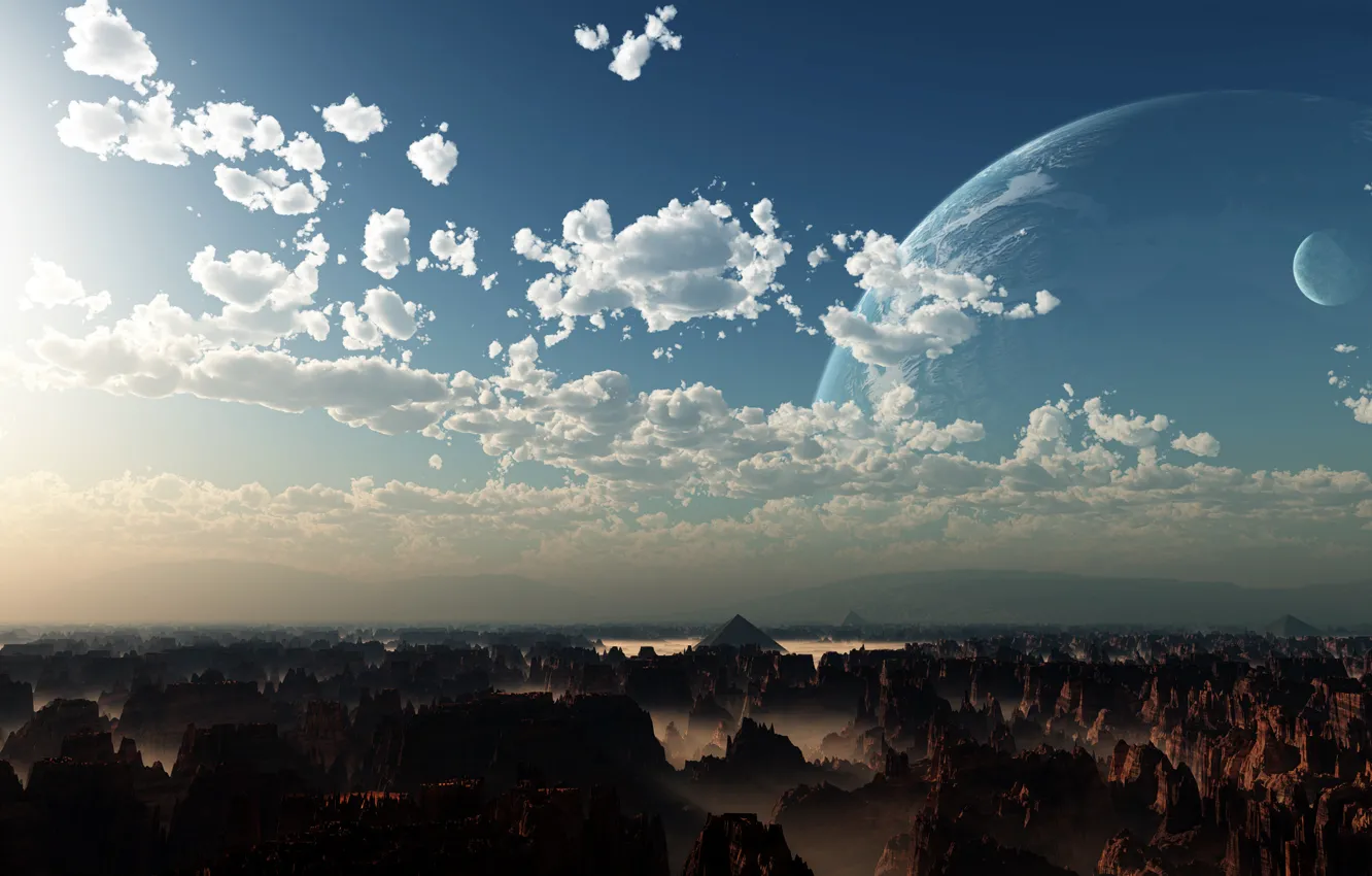Фото обои облака, скалы, планета, пирамиды, la verdad cósmica