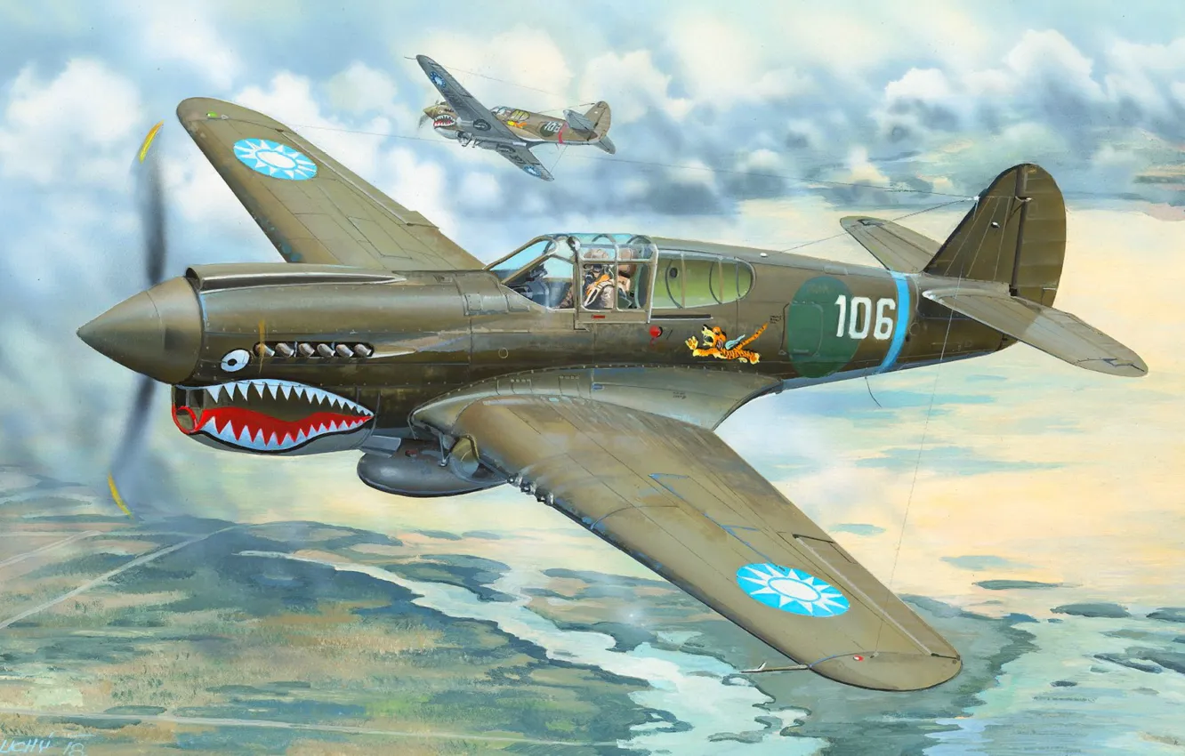 Фото обои Истребитель, P-40, Warhawk, Боевой самолет, Flying Tigers, P-40E