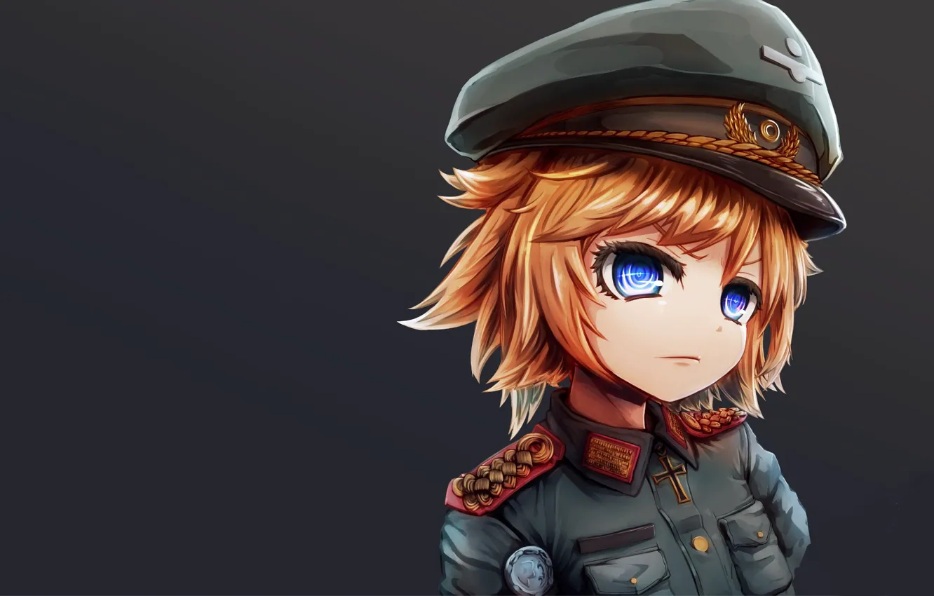 Фото обои girl, soldier, military, war, anime, chibi, blue eyes, face