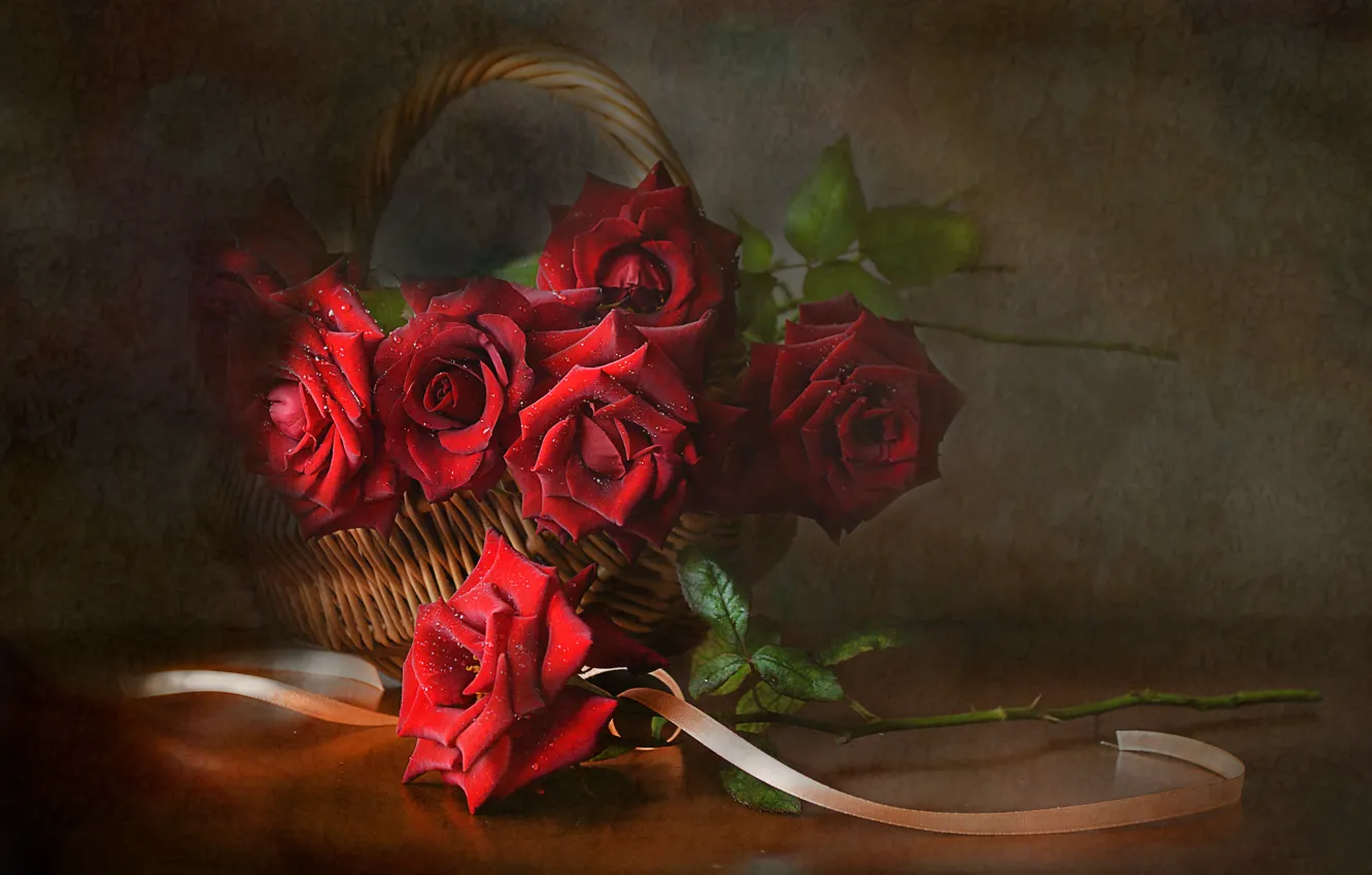 Фото обои цветы, корзина, розы, лента, натюрморт