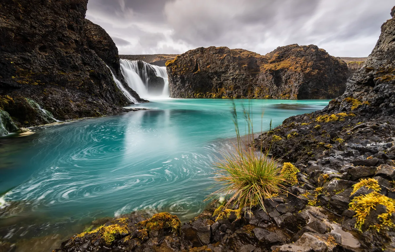 Фото обои камни, скалы, берег, водопад, водоем