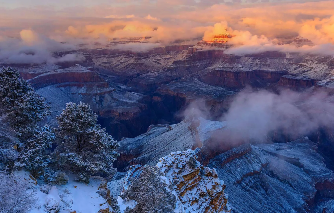 Фото обои зима, облака, Аризона, США, Национальный парк Гранд Каньон