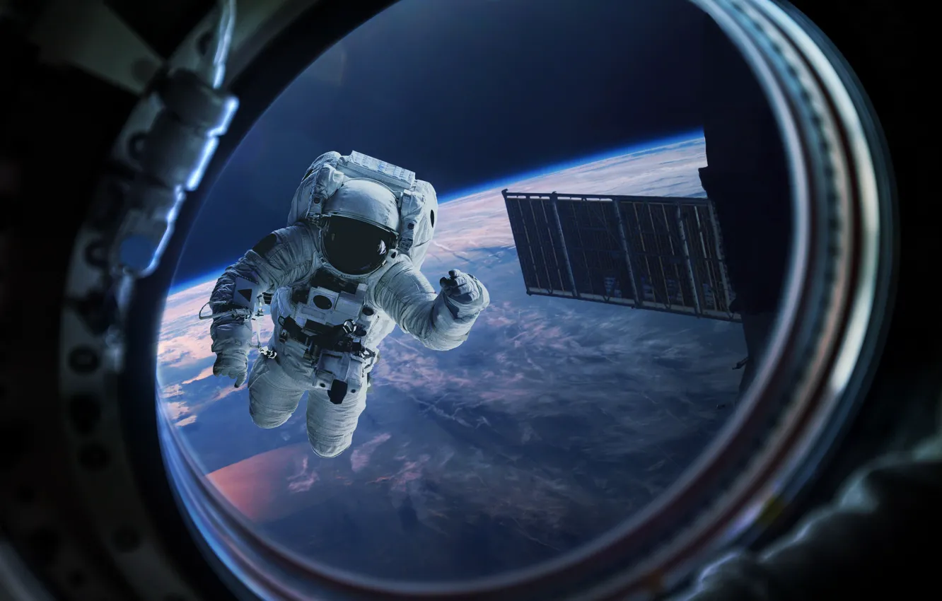 Фото обои космос, космонавт, атмосфера, арт, Земля, иллюминатор, гравитация, красотища