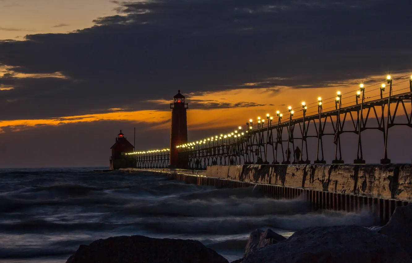 Фото обои sunset, Lake Michigan, Grand Haven Pier