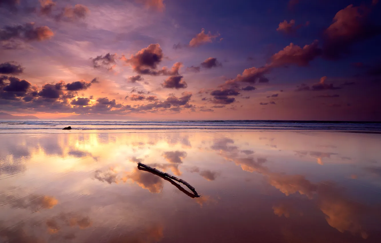 Фото обои море, небо, облака, отражение, коряга