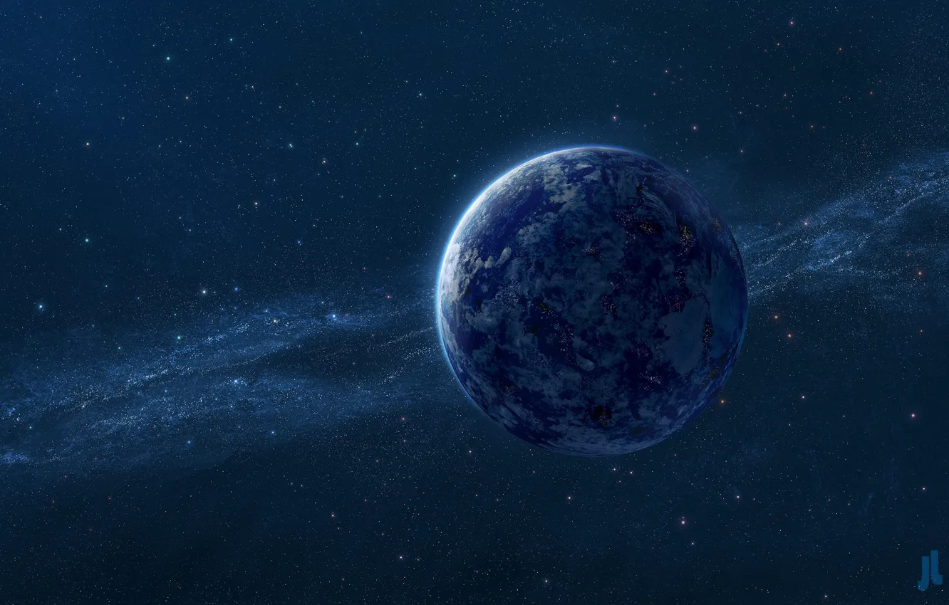 Фото обои космос, синева, планета, звёзды, млечный путь, Josef Barton, Digital Universe, Blue planet