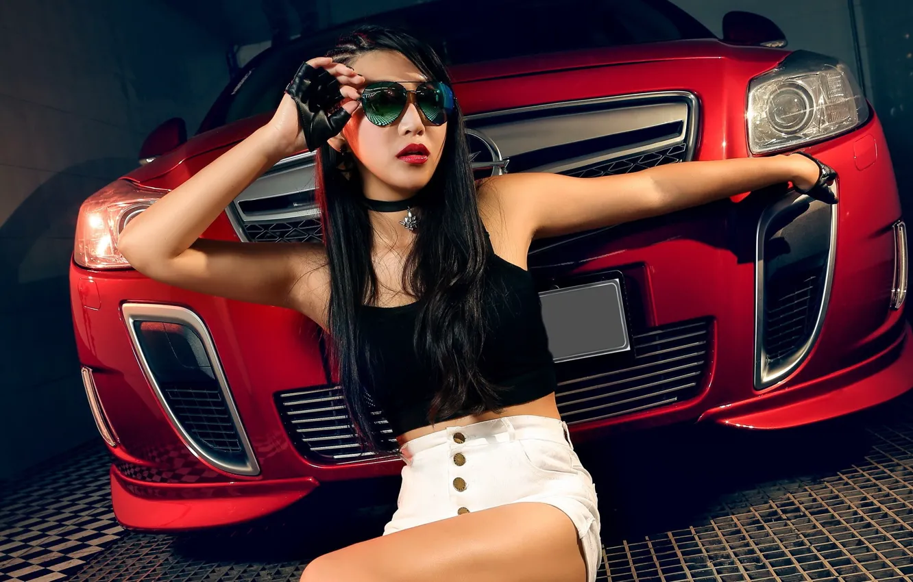 Фото обои взгляд, Девушки, Opel, азиатка, красивая девушка, красный авто