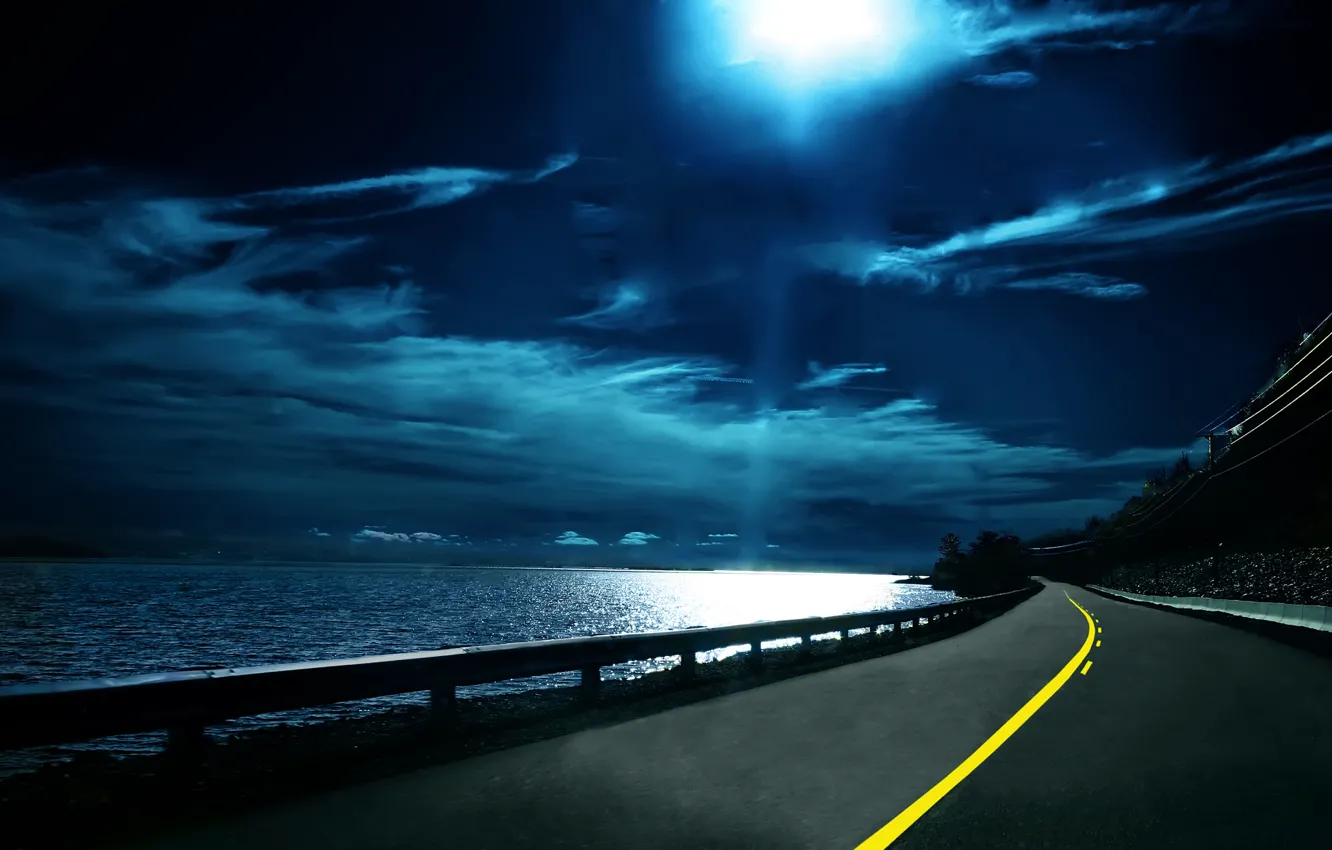 Фото обои дорога, небо, вода, ночь, тучи, путь, разметка, даль