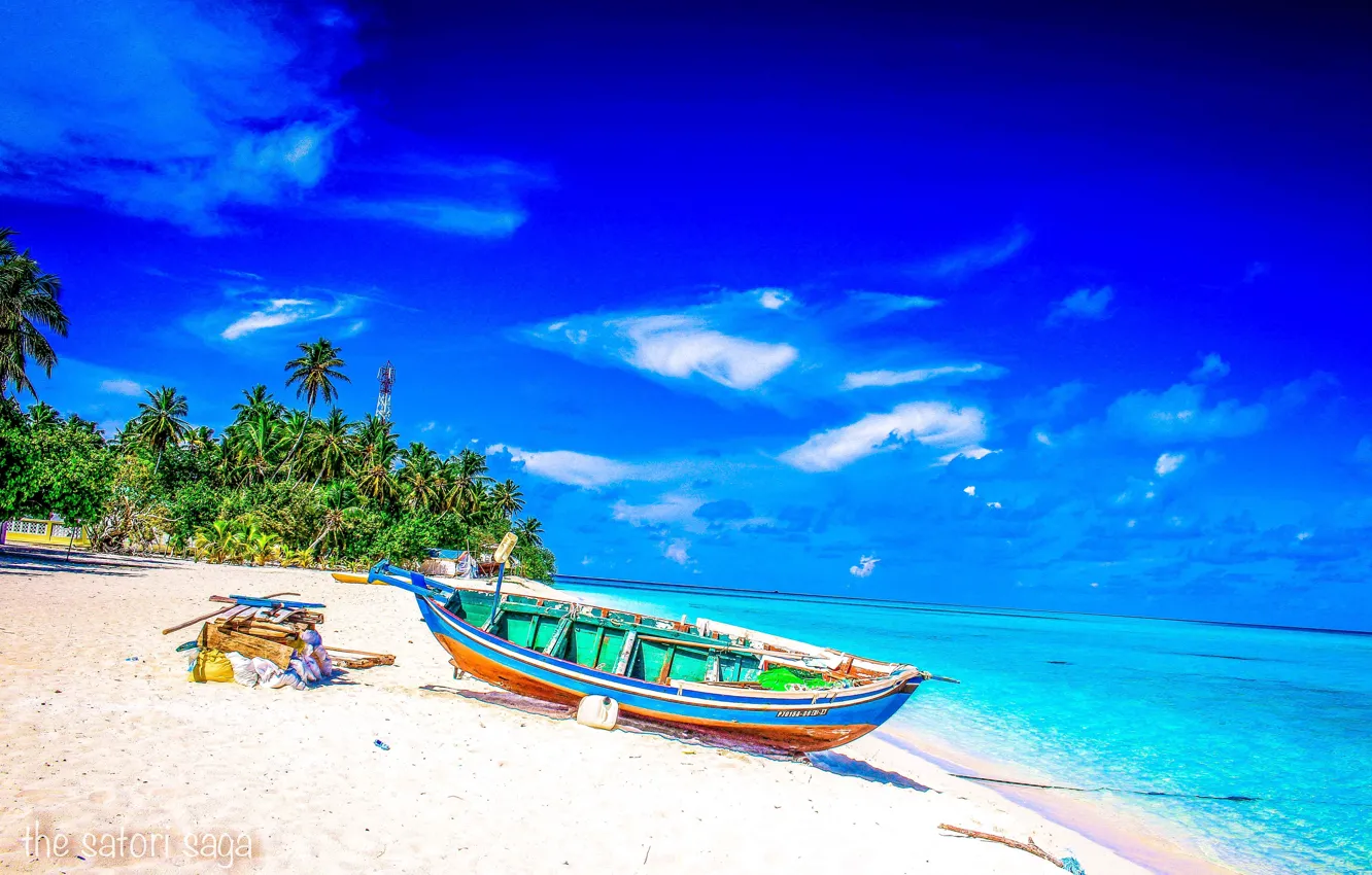 Фото обои пляж, пальмы, океан, лодка, fantastic Maldives
