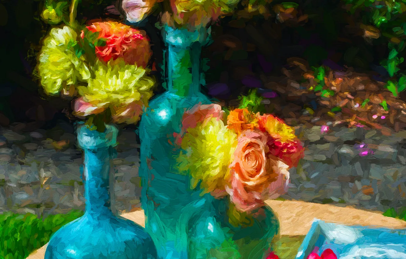 Фото обои цветы, бутылка, картина, сад, двор, ваза, натюрморт