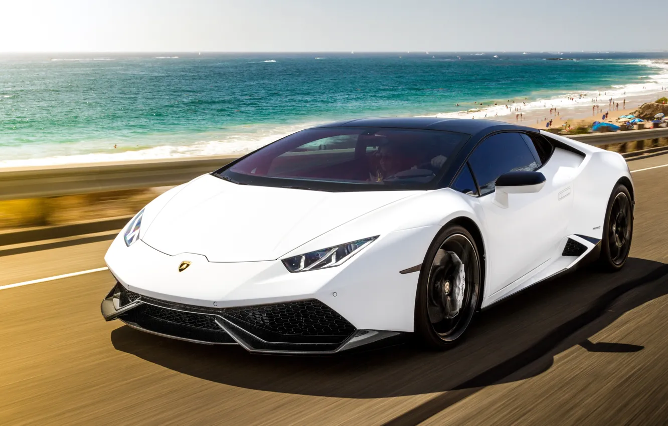 Фото обои море, побережье, скорость, Lamborghini, суперкар, 2015, Huracan, LP-610
