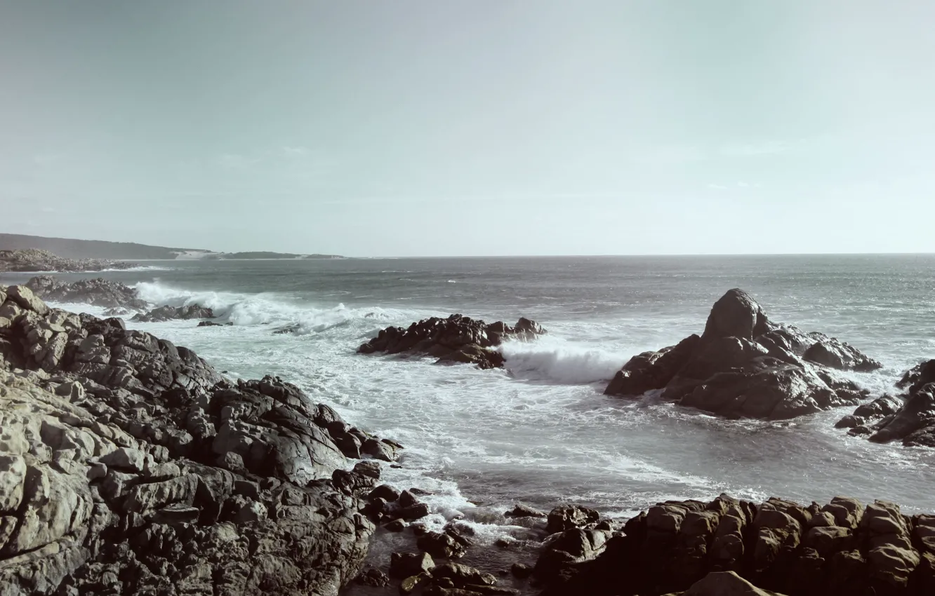 Фото обои море, камни, скалы, берег, волна, прибой