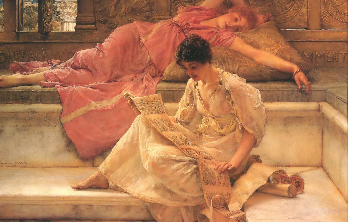 Фото обои девушки, живопись, подруги, Sir Lawrence Alma-Tadema, The Favourite Poet