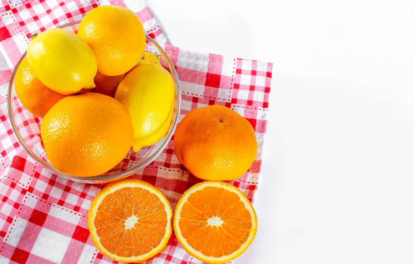 Фото обои апельсины, миска, лимоны, мандарины, цитрусовые, салфетки
