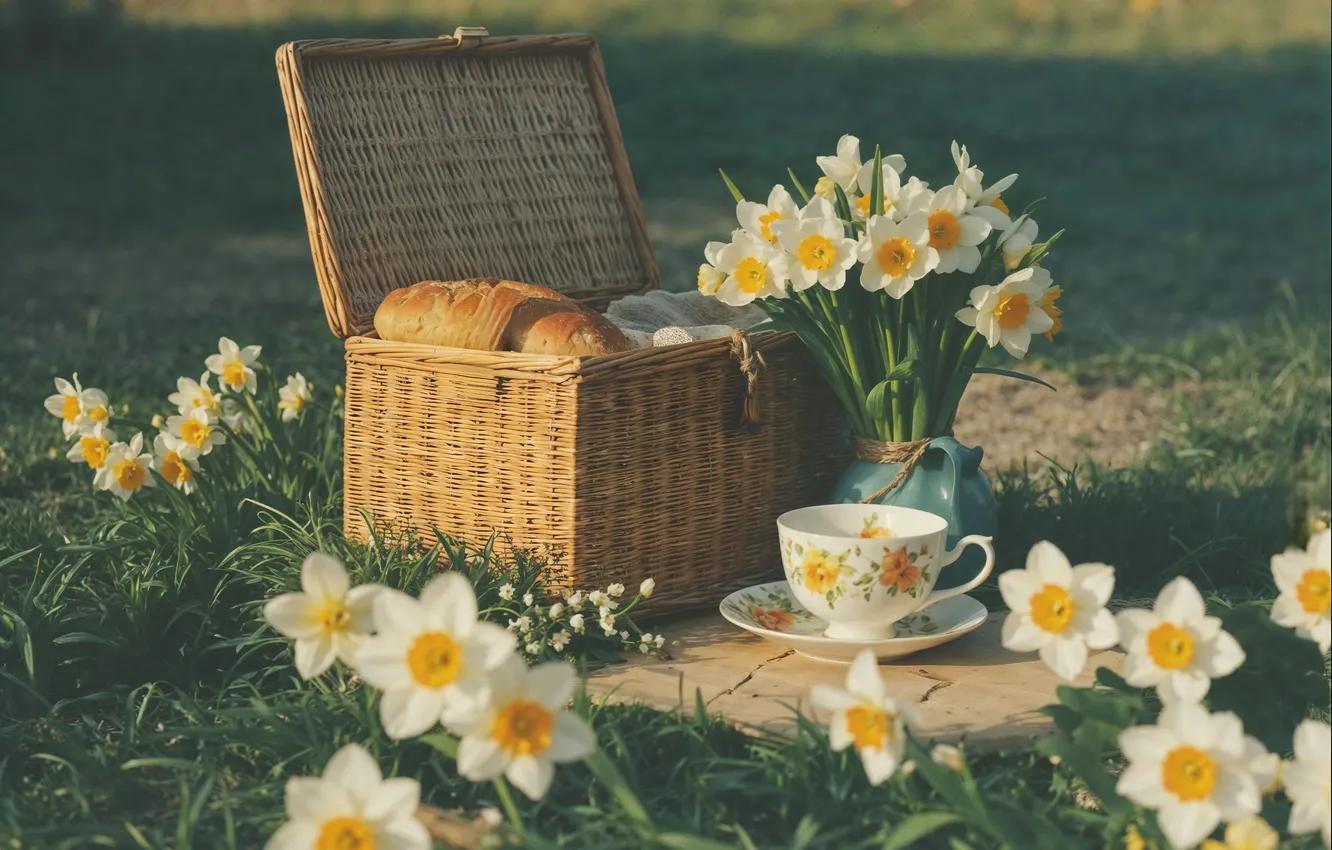 Фото обои цветы, ретро, весна, sunshine, пикник, blossom, flowers, нарциссы