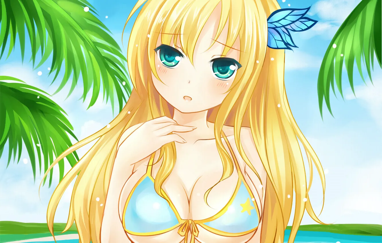 Фото обои girl, sexy, cleavage, sky, long hair, sea, boobs, anime