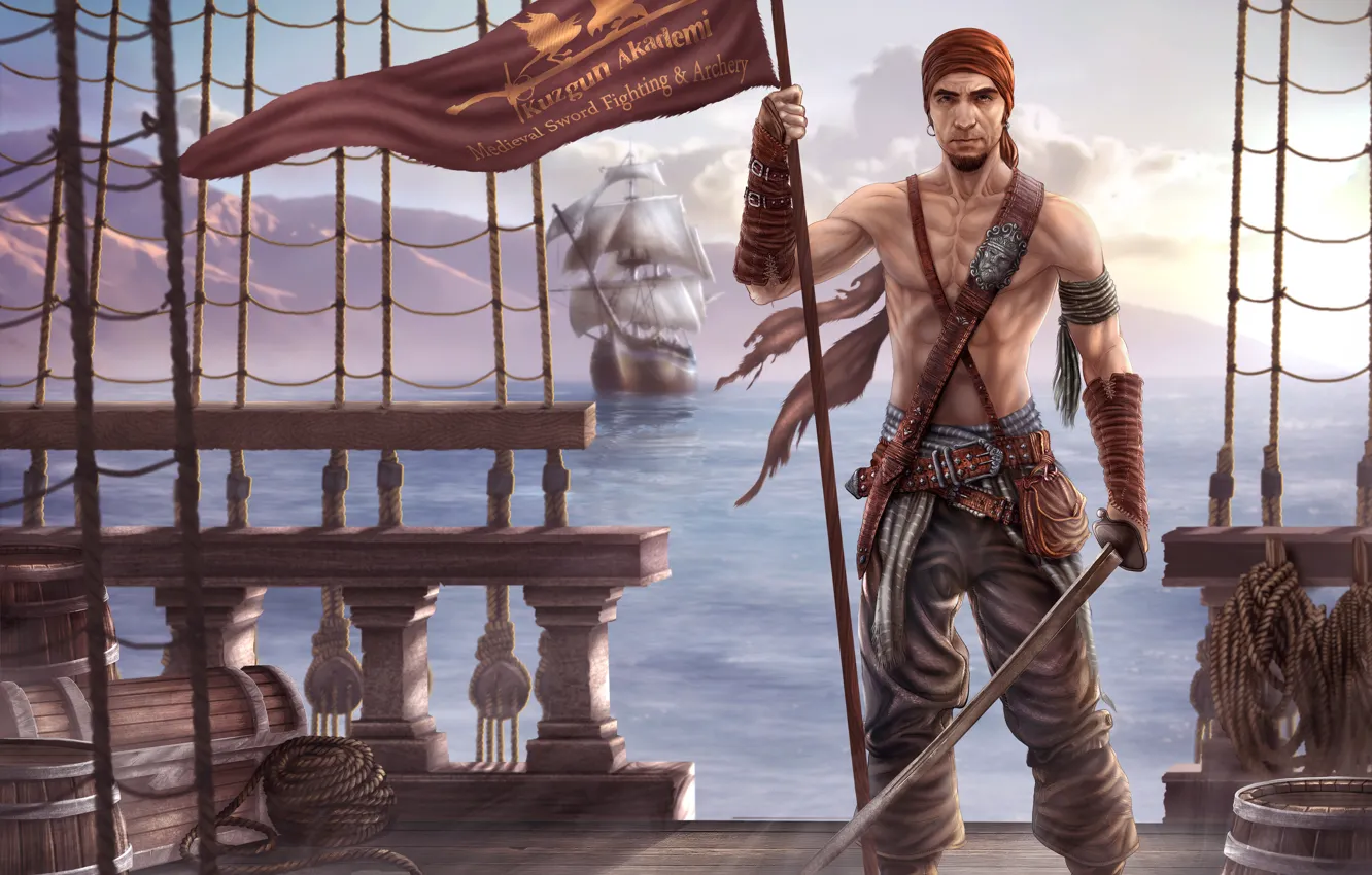 Фото обои море, оружие, корабль, парусник, арт, пират, знамя, сабля