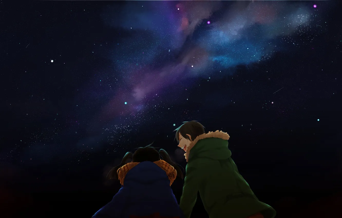 Фото обои небо, девушка, звезды, ночь, шарф, куртка, парень, kagerou project