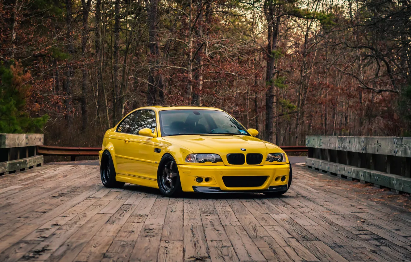 Фото обои BMW, Yellow, E46, M3, Wooden bridge
